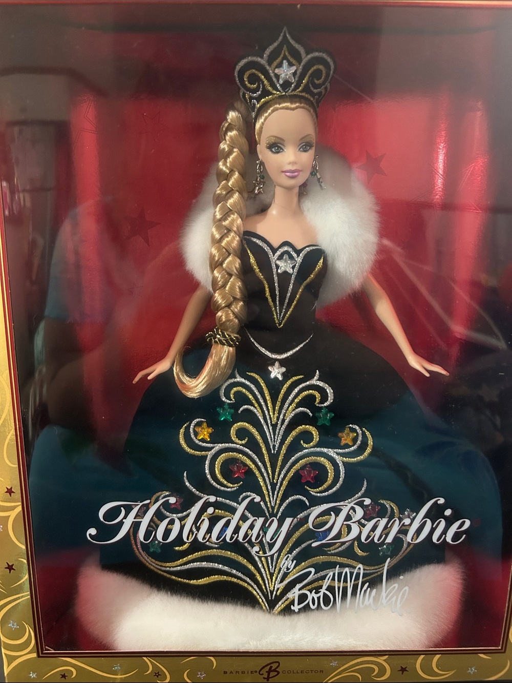 Barbie Holiday Doll in Black, Gold and White Fur Accents Bob Mackie dress